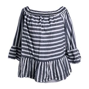 Crown & Ivy Blue White Striped Cotton Seersucker Bell Sleeve Top Blouse‎ Size XL